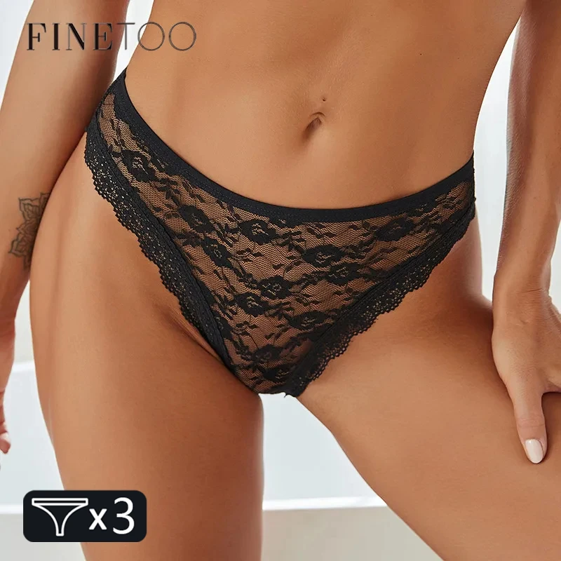 FINETOO Sexy Lace Panties Women 3Pcs/set Underpants M-2XL Big Size Underwear Sexy Floral Low Waist Briefs Panties Girls Lingerie