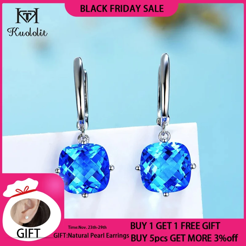 Kuololit Checkboard Blue Crystal Gemstone Drop Earrings for Women Solid 925 Sterling Silver 10*10 Cushion Jewerly for Party