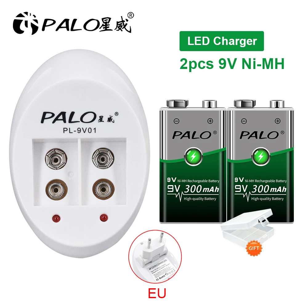 PALO 9V Battery Charger For 6F22 9V Ni-CD Ni-MH Li-ion Rechargeable Batteries+2pcs Ni-MH 9V Rechargeable Battery for microphone