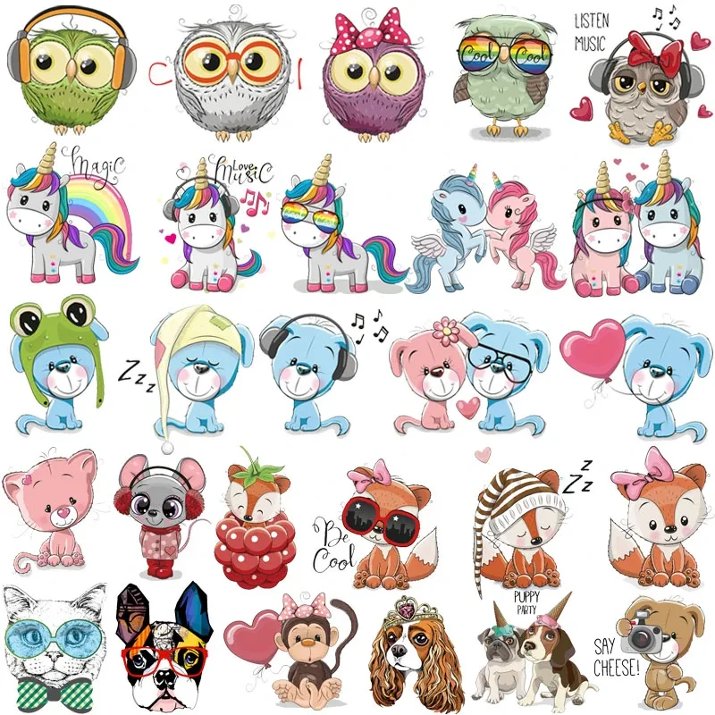 Cute Animal Patch Iron on Transfer Cartoon Mouse Unicorn Owl Bear Patches for Kids Clothing Applique Heat Transfer Vinyl Sticker