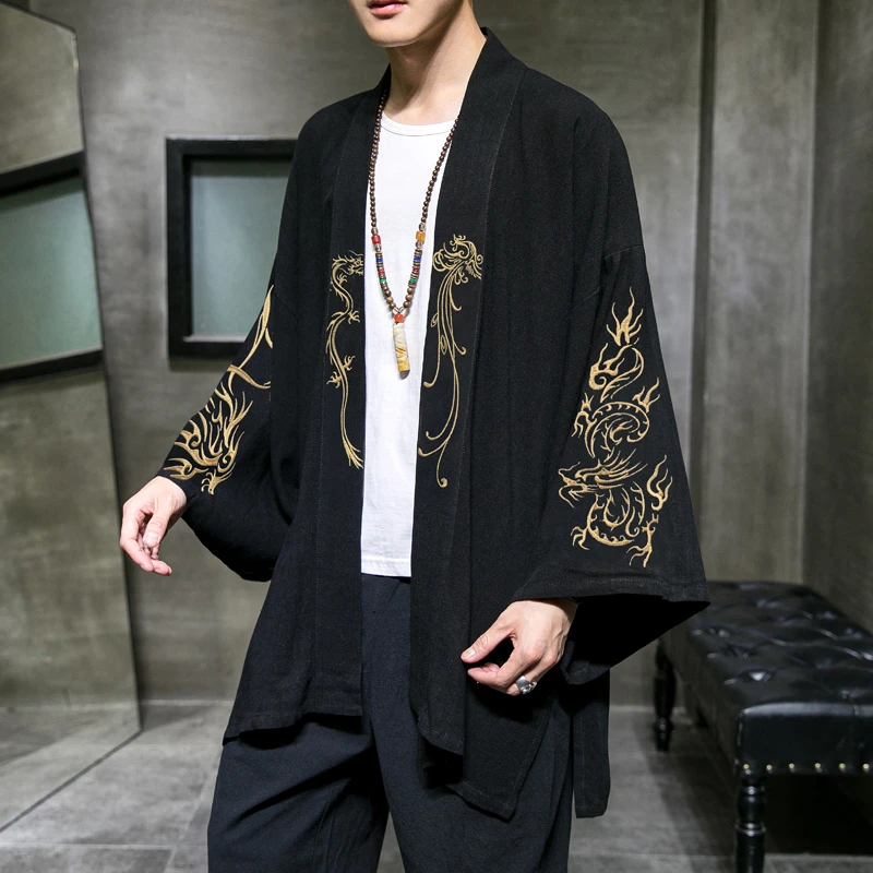 2020 Fashion Costume Embroidery Hanfu Men Chinese Style Linen Robe Cardigan Jacket Oversized Kimono 5XL Ancient Coat Male