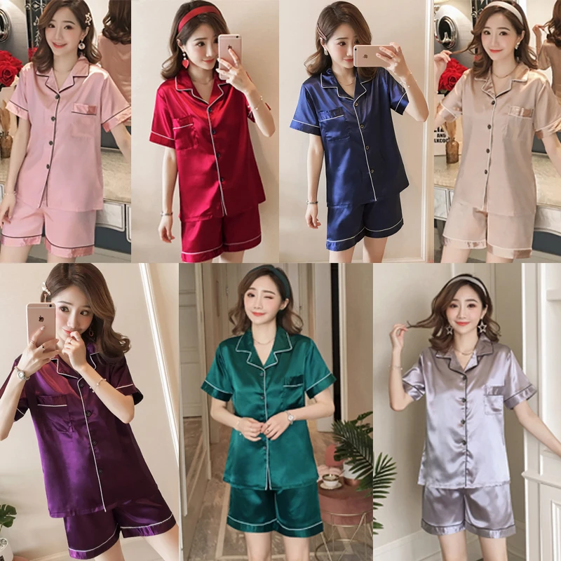 Spring Summer Women Pajamas Faux Silk Satin Pyjama Sets Short Sleeve Two Piece Sleepwear Top Pyjamas Set New Homewear 4XL 5XL