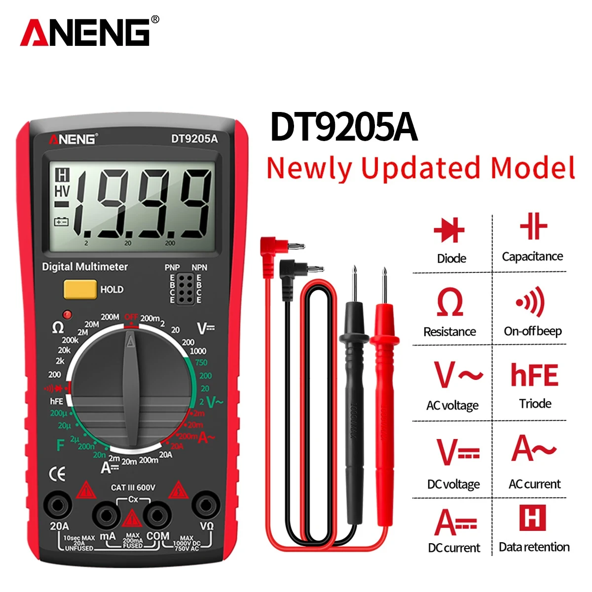 Newly ANENG DT9205A Digital True RMS Professional Multimeter AC/DC Current Tester hFE Ohm Capacitor Voltage Meter Detector Tool
