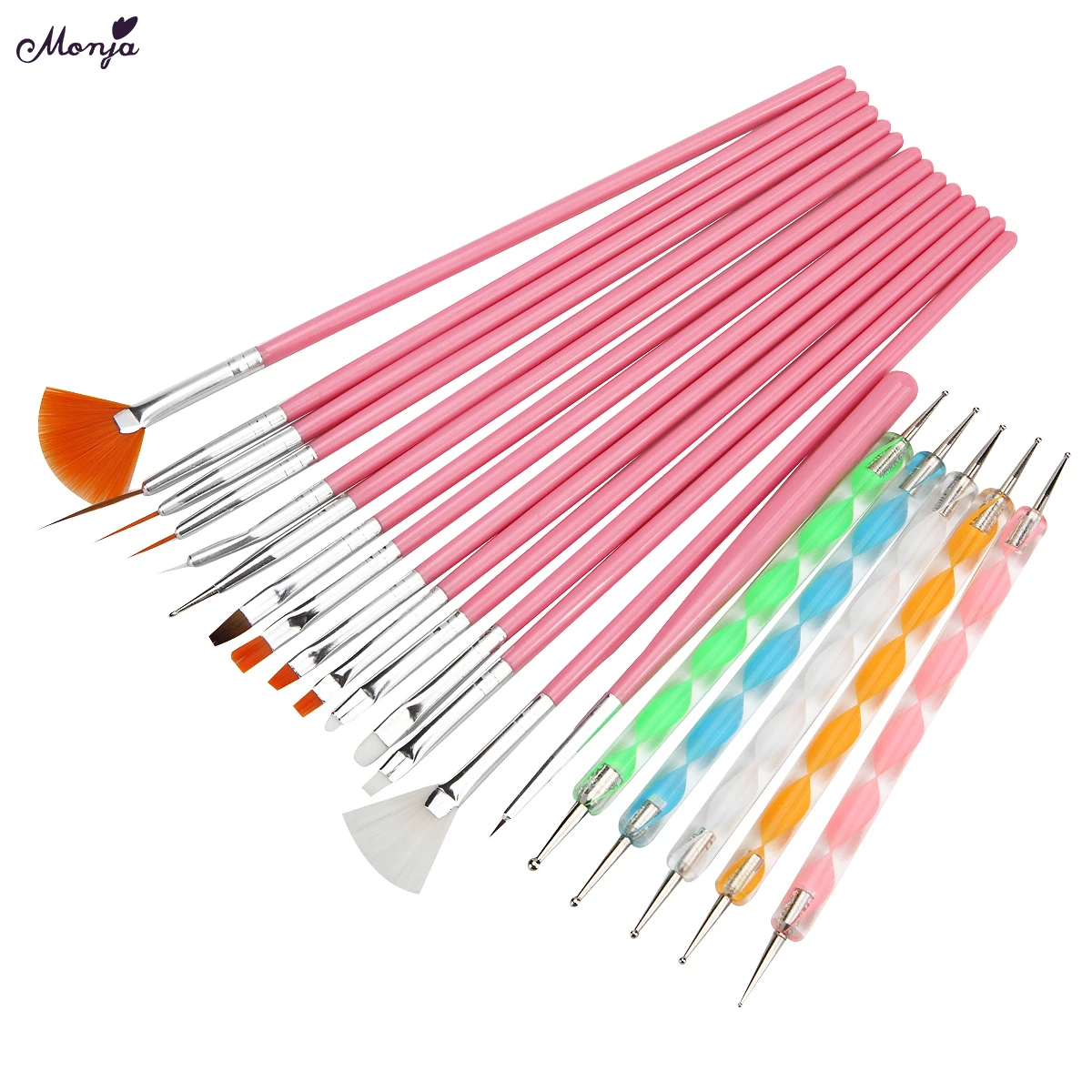 Monja 20Pcs/Set Nail Art Acrylic UV Gel Extension Builder Painting Pattern DIY Drawing Rhinestone Bead Dotting Picking Brush Kit