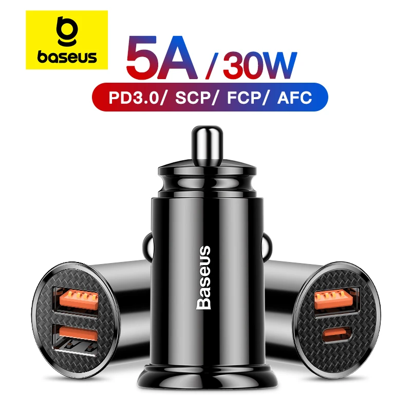 Baseus 30W Car Charger QC 4.0 QC 3.0 For Xiaomi Huawei Supercharge SCP Samsung AFC PD Fast Charging For IP USB C Phone Charger