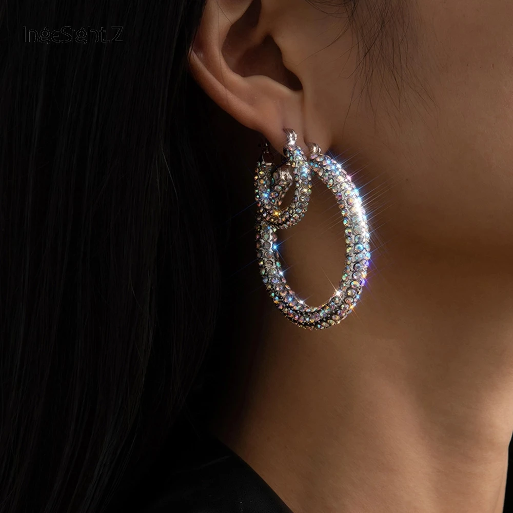 IngeSight.Z Steampunk Shiny Full Iced Out Rhinestone Crystal Hoop Earrings Luxury Bling Basketball Loop Earrings Women Jewelry