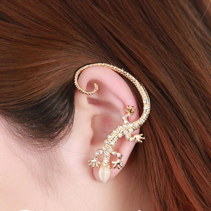 Jiao Yu Gothic Punk Crystal Lizard Ear Cuffs for Women Gold Color Silver Color Rhinestone Animal Geckos Clip Earrings 1PC
