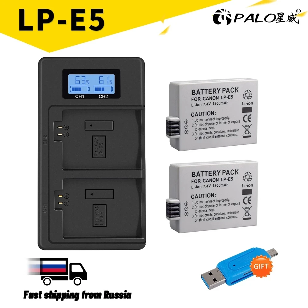LP-E5 LPE5 LP E5 Camera Battery + LCD Dual USB Charger for Canon EOS 1000D 500D 450D Kiss X3 X2 F EOS Rebel XS XSi Rebel T1i.