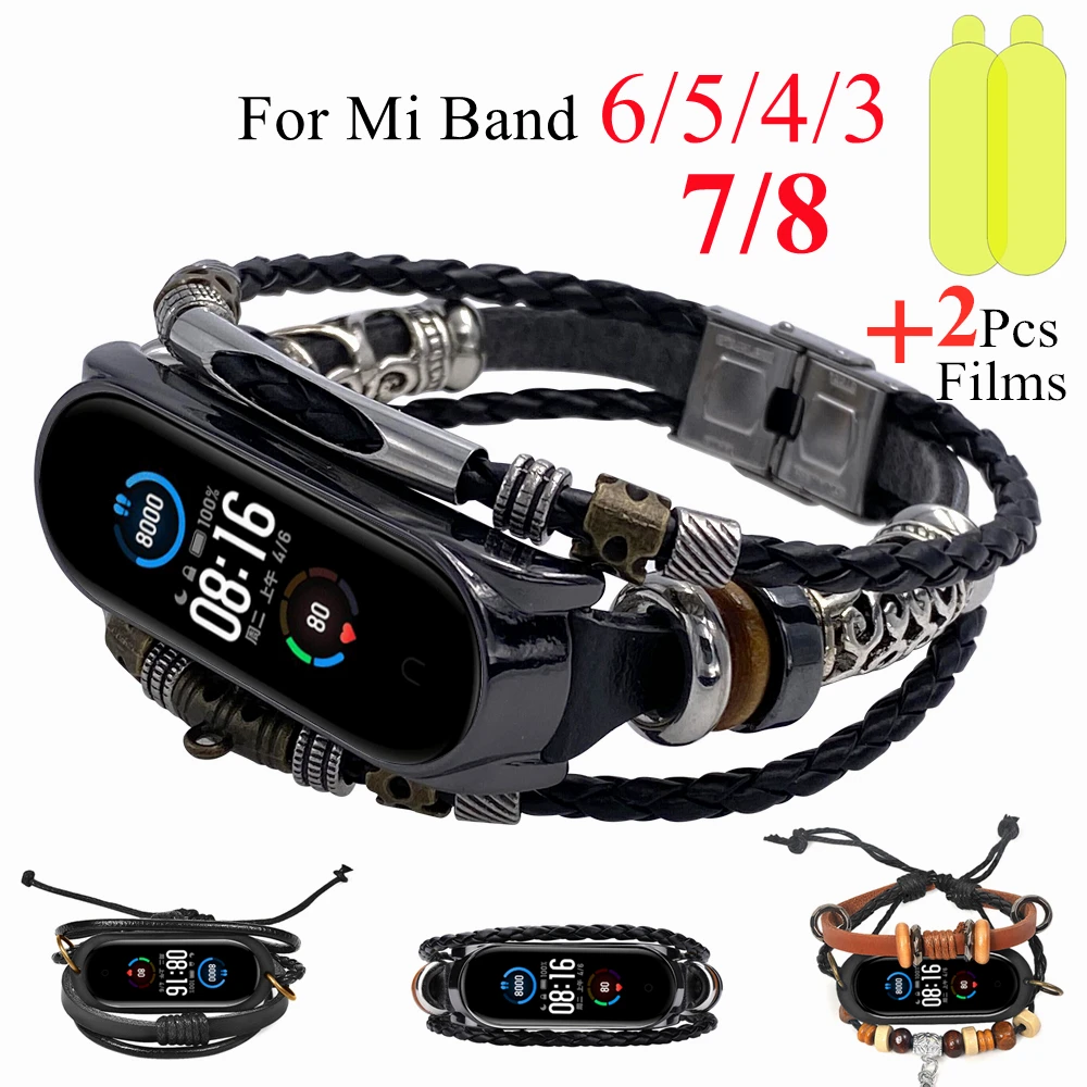 Retro Strap for Mi Band 6 5 Leather Beading Bracelet Fashion Braided Strap For Xiaomi Mi Band6 Mi Band5 Mi Band 4 3 Wristband