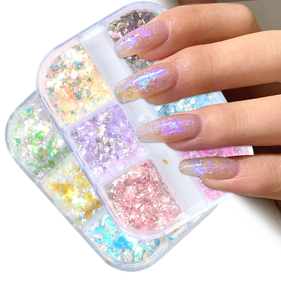 Iridescent Opal Nails Flakes Sticker Aurora Glimmer Nail Art Glitter Flakies Holographic Sequins Manicure Foils Accessories BEOB