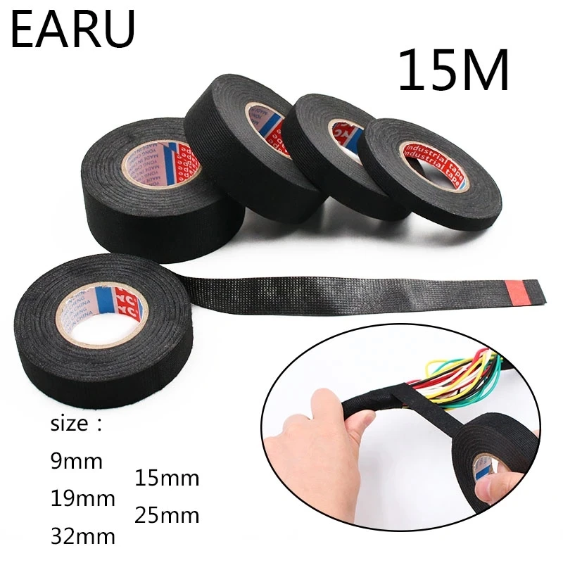 1pc Heat-resistant Adhesive Cloth Fabric Tape For Car Auto Cable Harness Wiring Loom Protection Width 9/15/19/25/32MM Length 15M