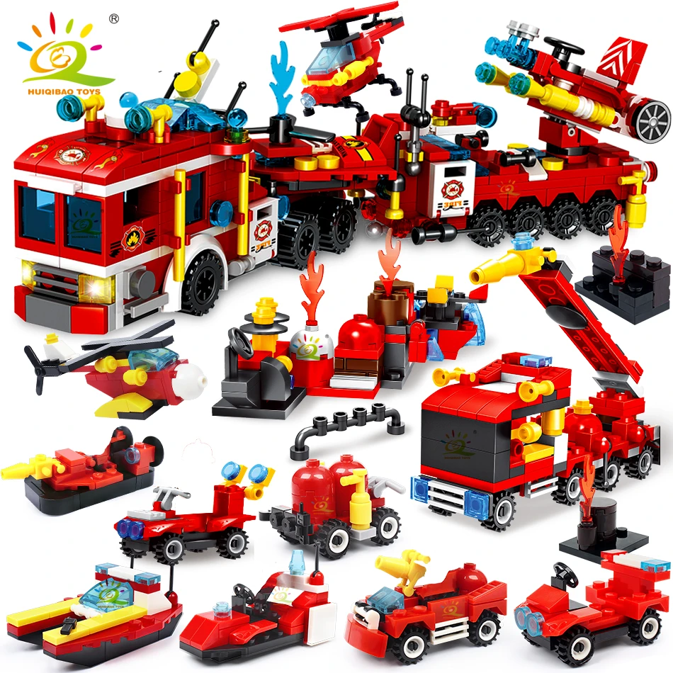 HUIQIBAO Fire Fighting Trucks Model Building Blocks City Firefight Team Plane Helicopter Car Boat Bricks Kit Toys For Children