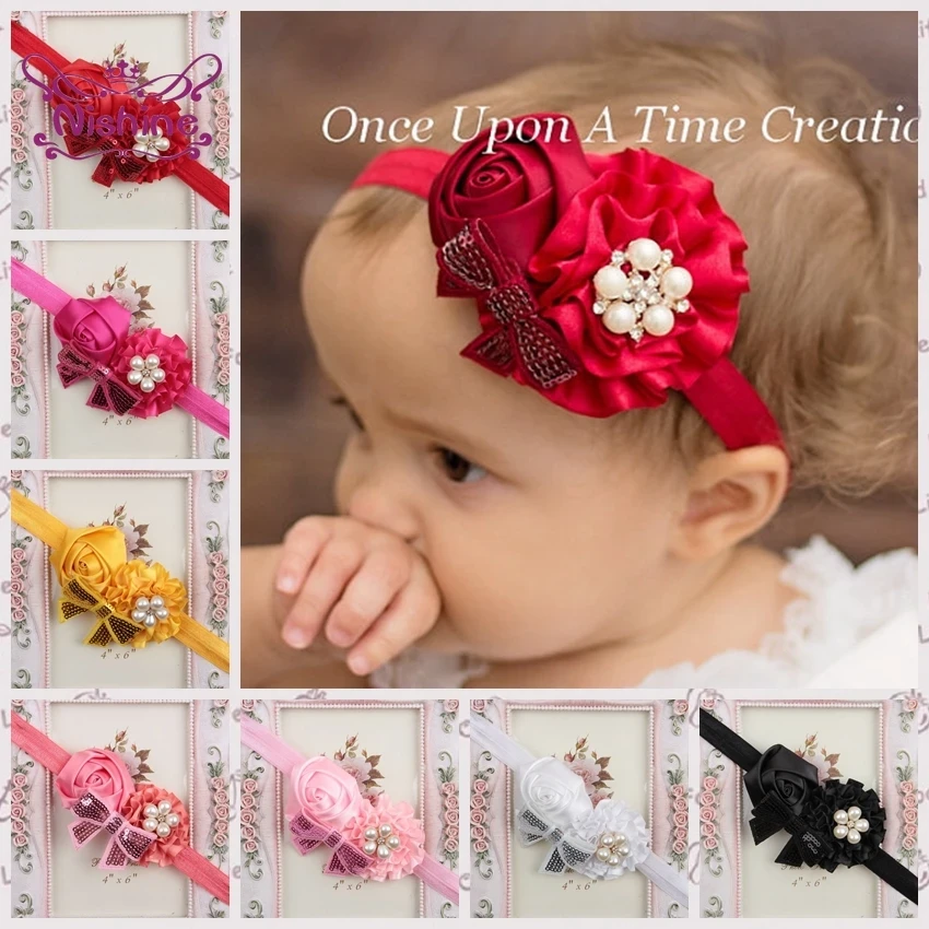 Nishine 1PCS New Baby Girls Flower Headband Rose Bow Pearl Elastic Kids Children Hairbands Hair Accessories Photo Props Headwear