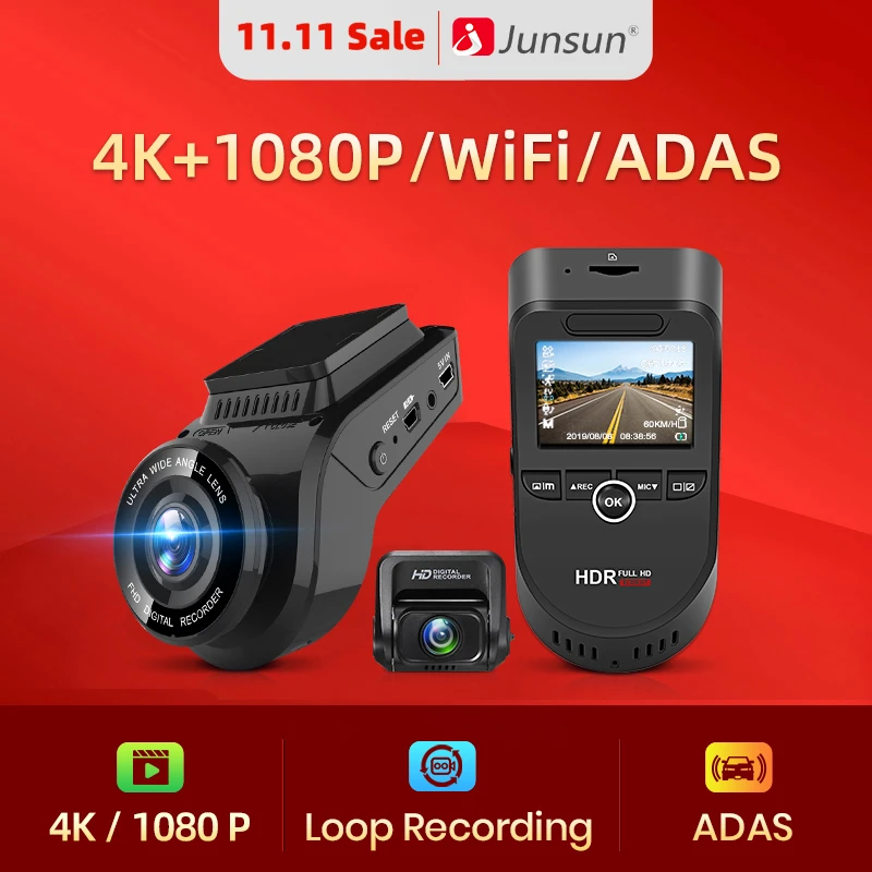 Junsun S590 WiFi 4K Car Dash Cam Ultra HD 2160P GPS ADAS DVR Camera Recorder Sony 323 Rear Camera 1080P Night Vision