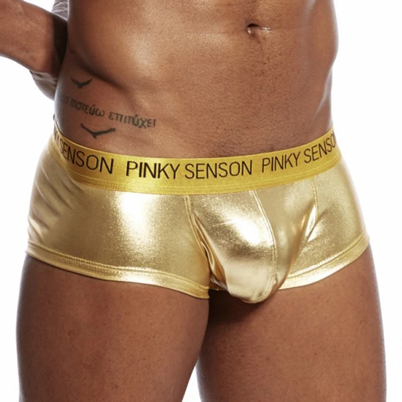 Pinky Senson Men Boxers Bright Boxershort Gold Faux Leather Panties Performance Underwear Boxer Calsones Homme S04BO