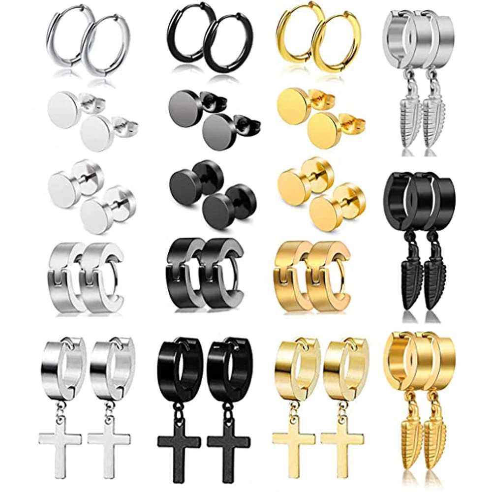 6 Style 316L Stainless Steel Dangle Round Cross Leaf  Earring for Men Women Cool Punk Eboy Stud Earring Set