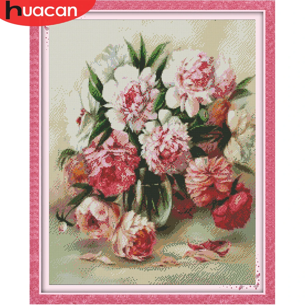 HUACAN DIY Cross Stitch Flowers In Vase Cotton Thread Painting Embroidery Kits Needlework 14CT Home Decoration