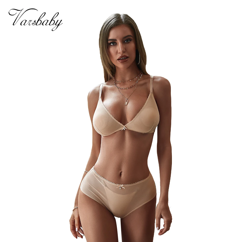 Varsbaby sexy high-waist panties transparent underwear unlined breathable yarn see-through bra set