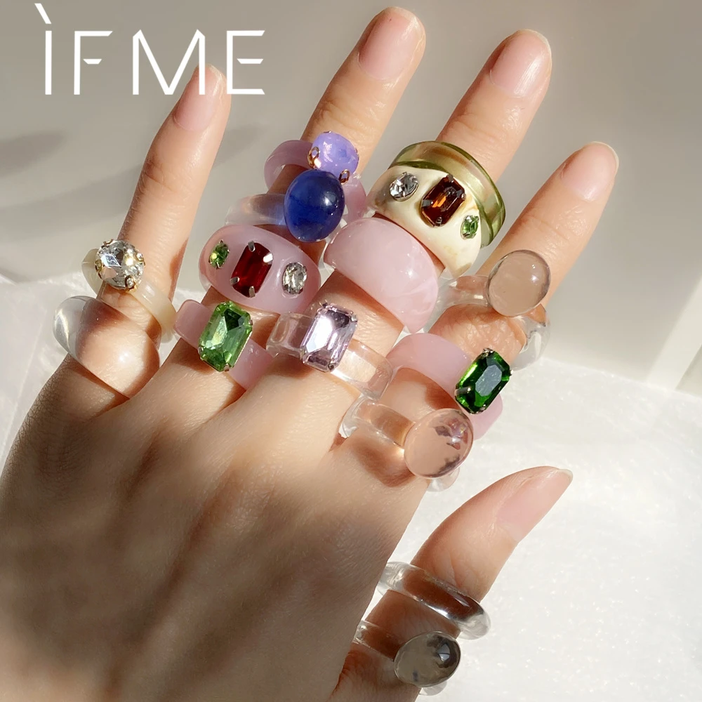 IF ME Vintage Colorful Acrylic Geometric Transparant Rings for Women Girl Trendy Round Square Ball Ring Crystal Party Jewelry