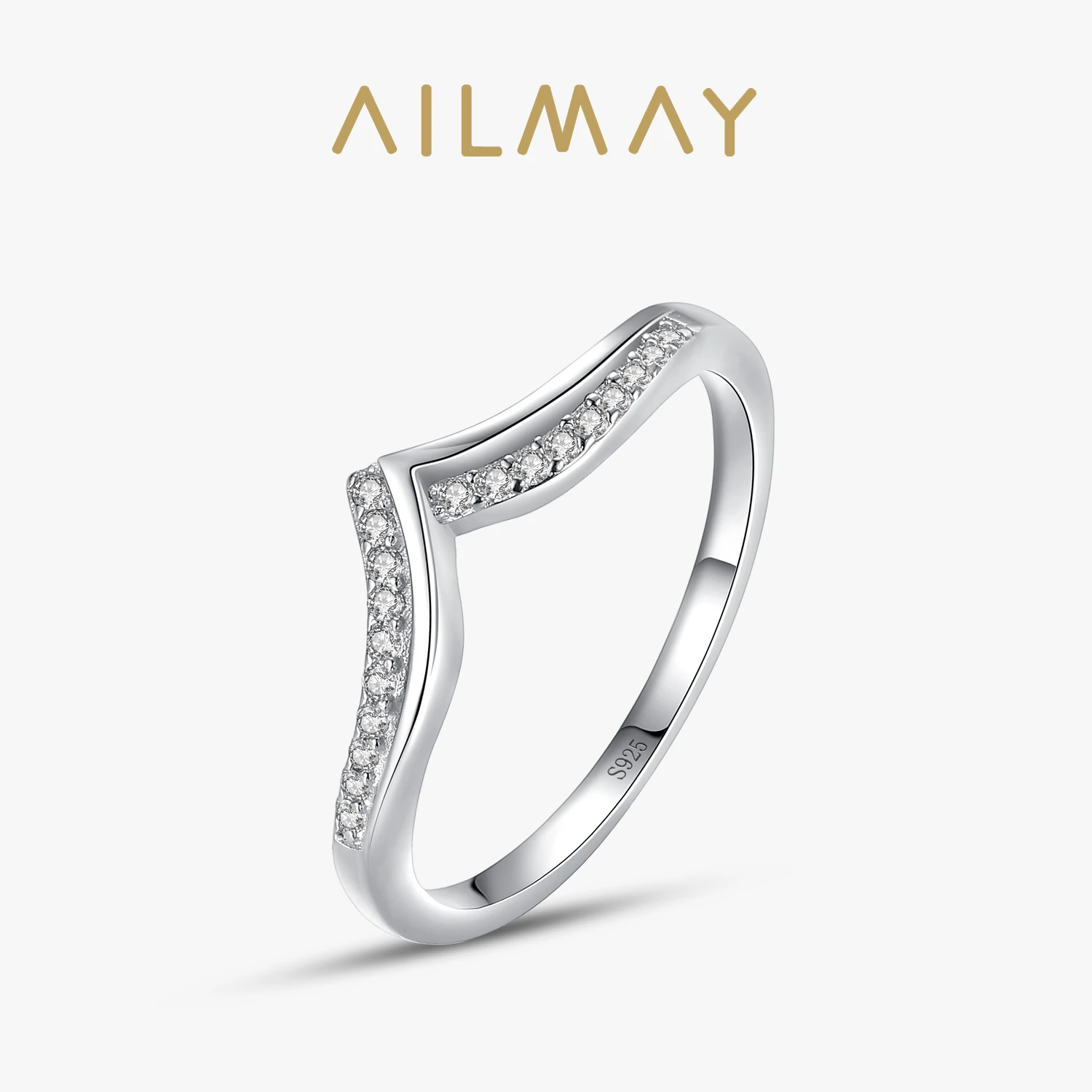 Ailmay Top Quality Rea 925 Sterling Silver Asymmetry Fashionc Rings Clear Zircon For Women Girls Anti-allergy Fine Jewelry Gifts