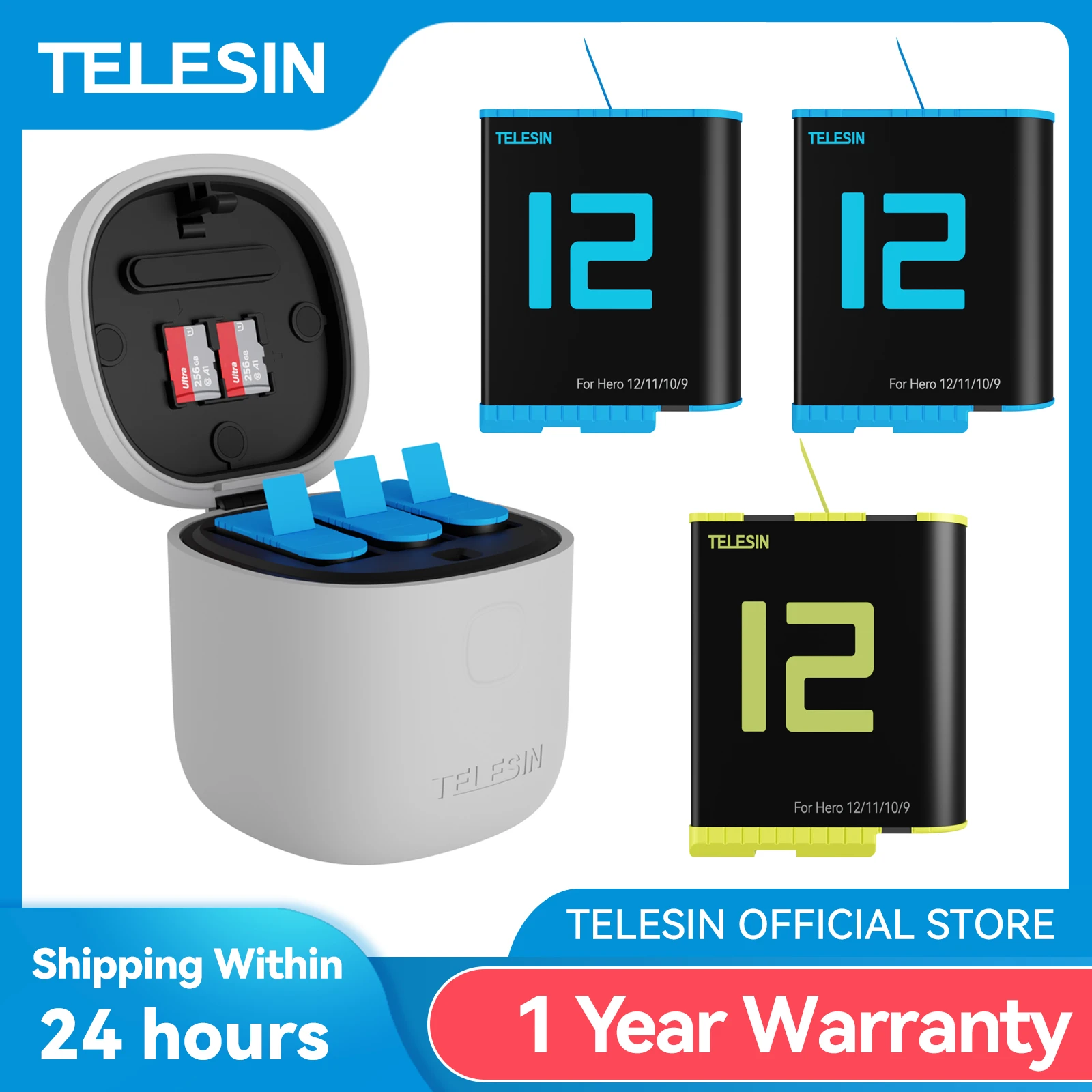 TELESIN 3Pack Battery 1750mAh For GoPro 9 10 3 Slots Charger TF Card Reader Storage Charging Box for GoPro Hero 9 10 Accessories