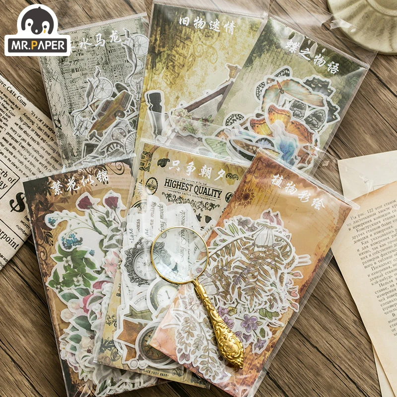 Mr.paper 10 Designs 60 Pcs/bag Vintage Retro Style A Past Series Creative Hand Account Decoration Collage DIY Material Stickers