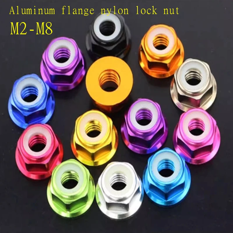 10pcs M2 M3 M4 M5 M6 Red/black/ blue/ light blue/ orange/ golden/purple/pink/sliver/grey Anodized Aluminum Flange Nylon Lock Nut