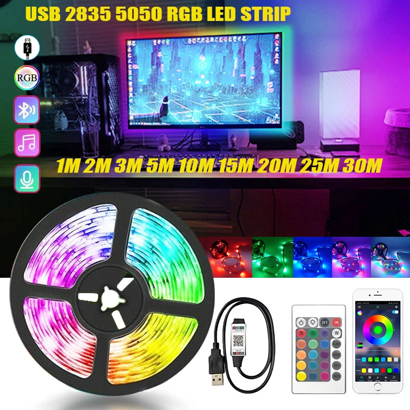 USB LED Strip Light RGB 2835 50CM 1M 2M 3M 4M 5M DC 5V Powered Backlight Flexible Ribbon Decor Screen TV Background Lighting