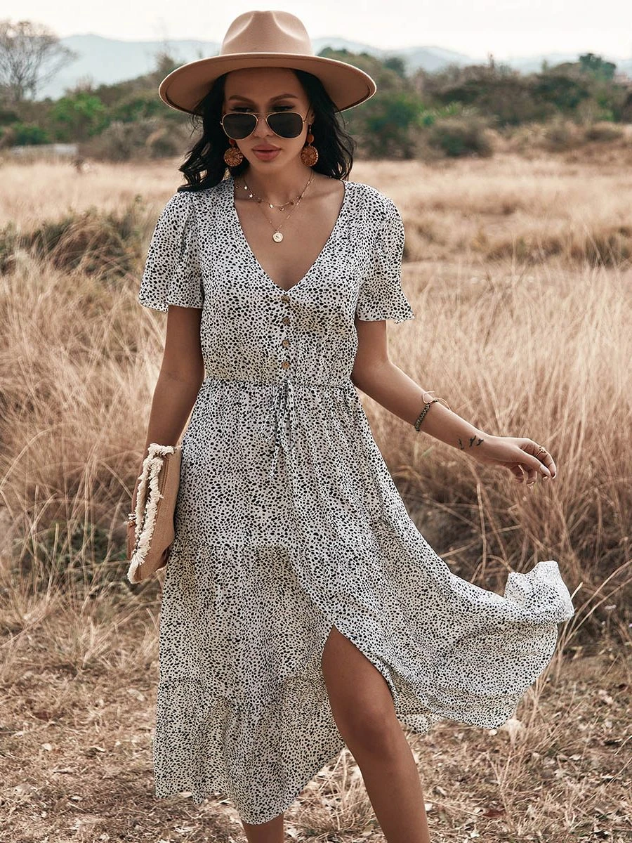 2021 Dot Print Ruffles Summer Dress Women Casual V Neck Draw String Button Dress For Woman Vintage White Dresses vestidos