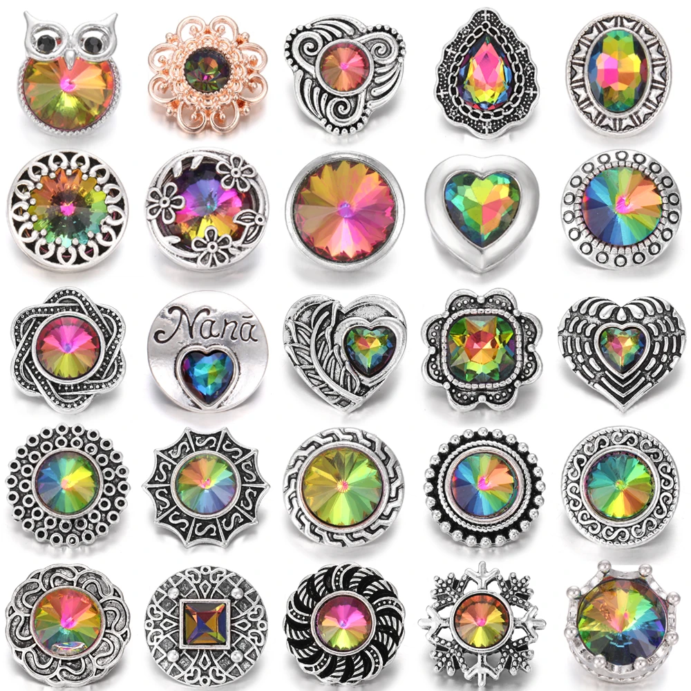 6pcs/lot Newest Snap Jewelry Bracelets Colorful Crystal Rhinestone Flower 18mm Metal Snap Buttons Fit DIY Snap Button Bracelet