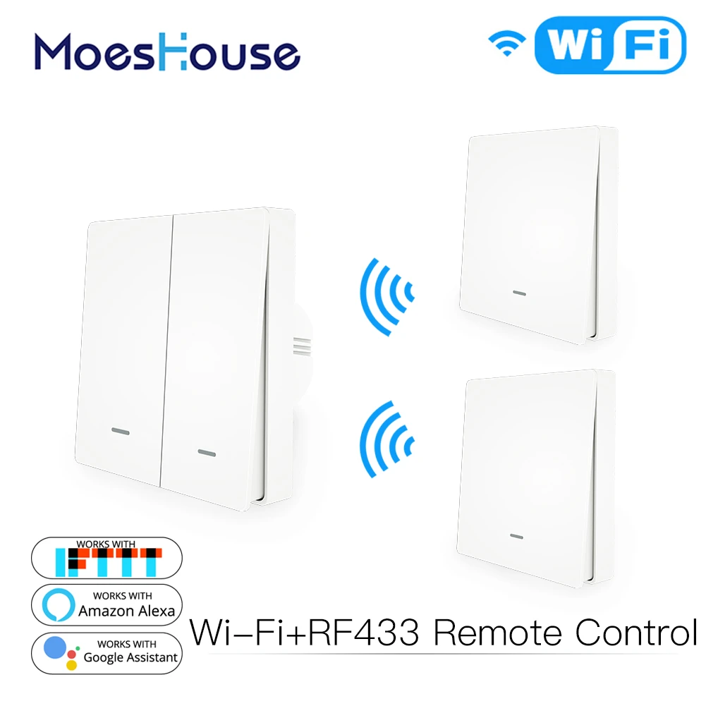 WiFi Smart Push Button Switch 2-Way RF433 Wall Panel Transmitter Kit Smart life Tuya App Control Works with Alexa Google Home