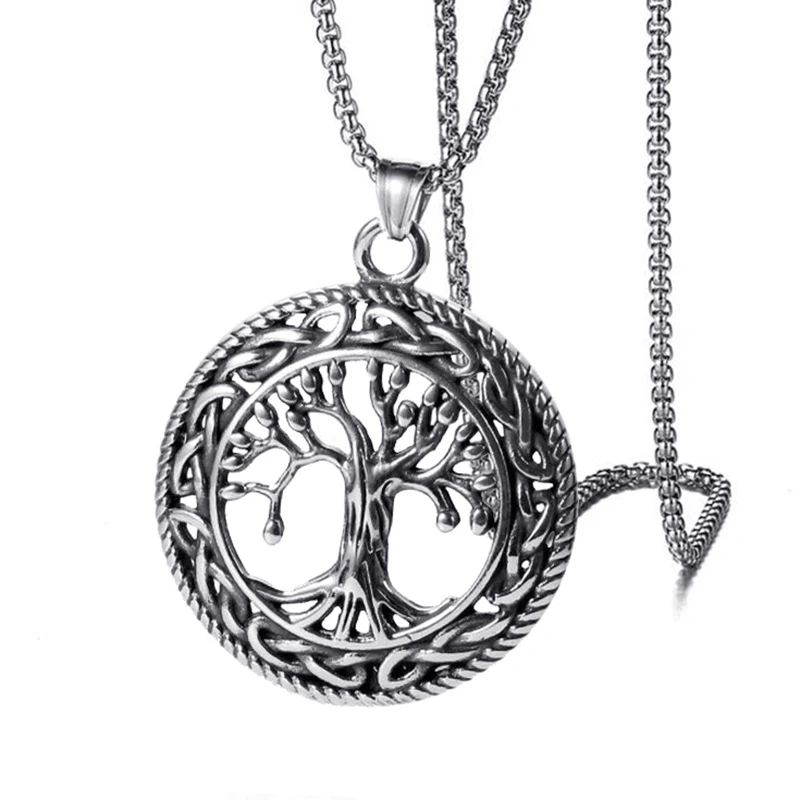 HNSP Viking Tree Of Life Round Pendant Necklace For Men Male Punk Gothic Jewelry With 3.0MM Stainless Steel Chain