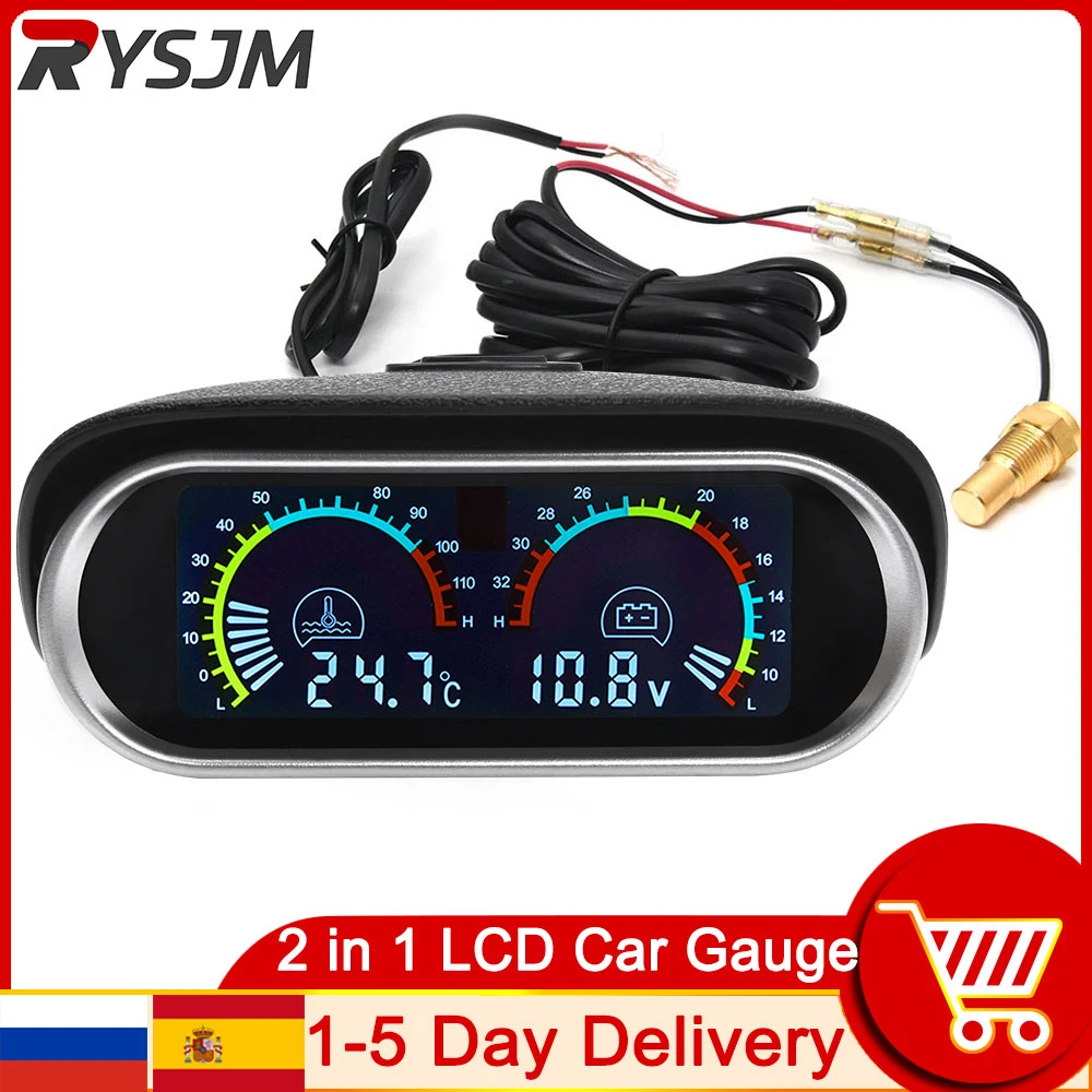 universal 2 in 1 LCD Car Digital Water Temp Gauge Voltmeter auto motorcycle water temperature sensor 10mm 12V 24V Volt meter