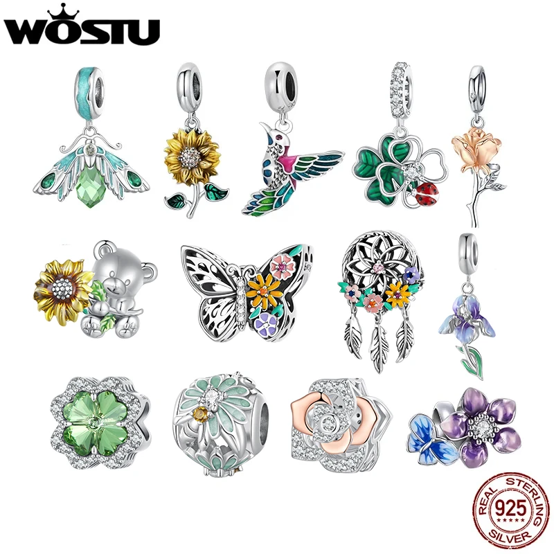 WOSTU 2021 Daisy Flower Charms 925 Sterling Silver Christmas Vintage Beads Colorful Pendant DIY Bracelet Necklace Jewelry Making