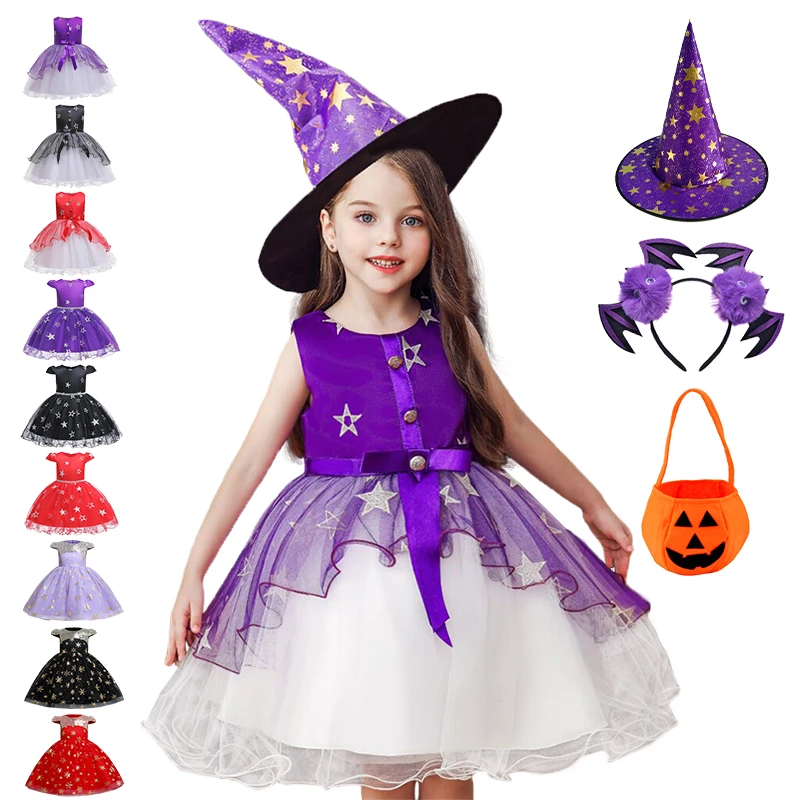 Halloween Witch Costume Girls Witch Dress Up Hat Ruffle Tulle Tutu Dress Christmas Kids Evening Party Star Embroidery Dresses