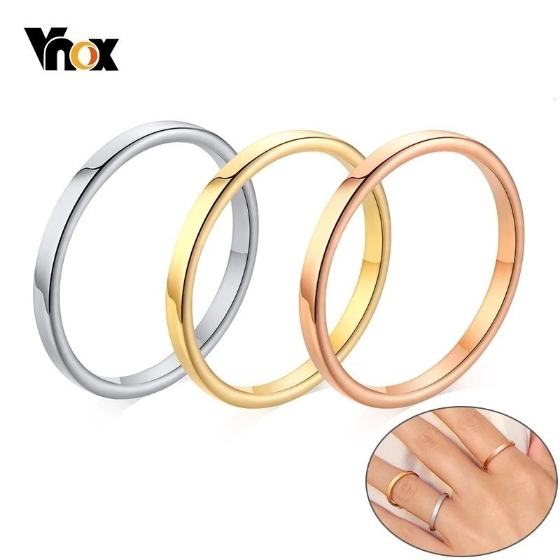 Vnox Basic 2MM Thin Wedding Rings for Women High Polished Stainless Steel Female Girl Finger Anel Alliance anillo femenino