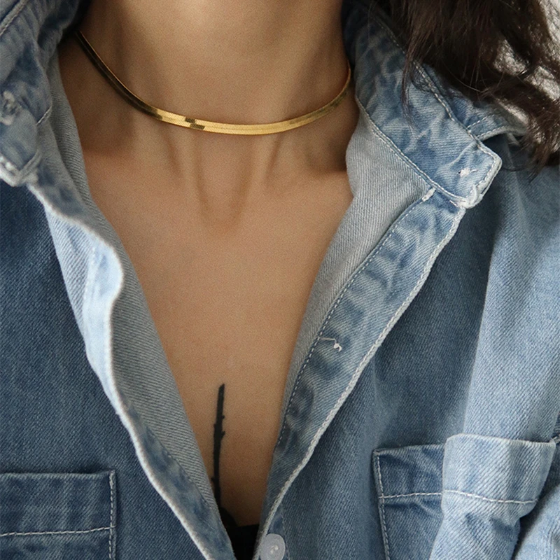 Gold Blade Chain Choker Necklace Women Sexy Flat Snake Chain Gift