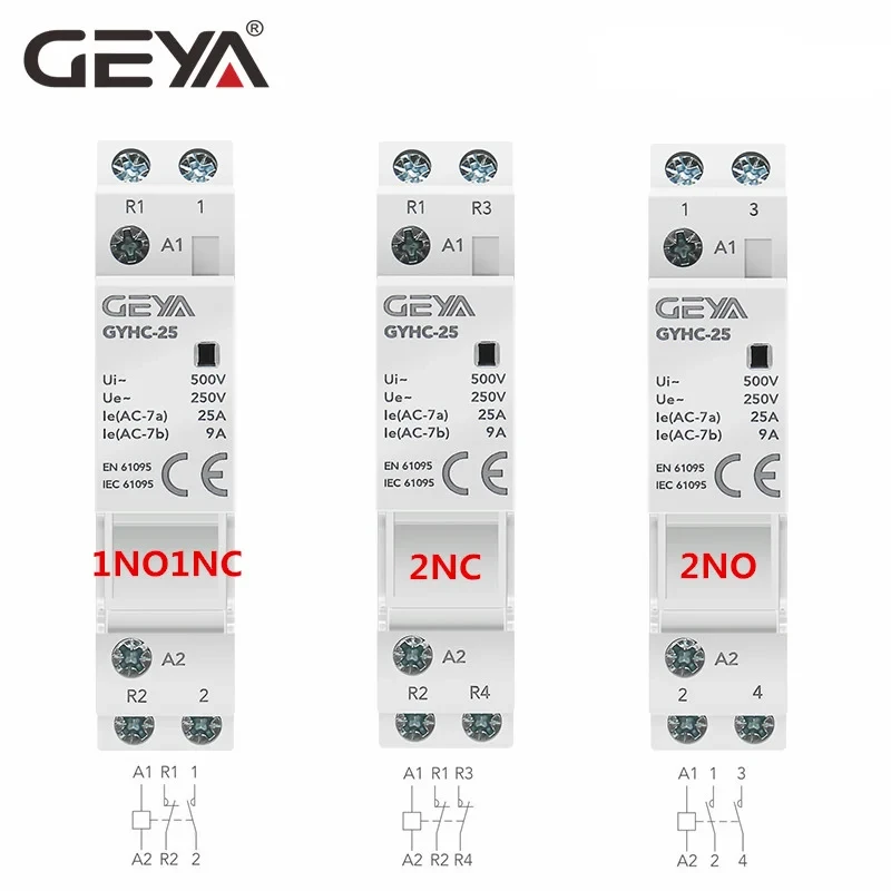 GEYA Din Rail Mounted Household Modular AC Contactor for Smart Home House Hotel AC220V 2P 16A 20A 25A 2NC 2NO 1NO1NC 50/60Hz