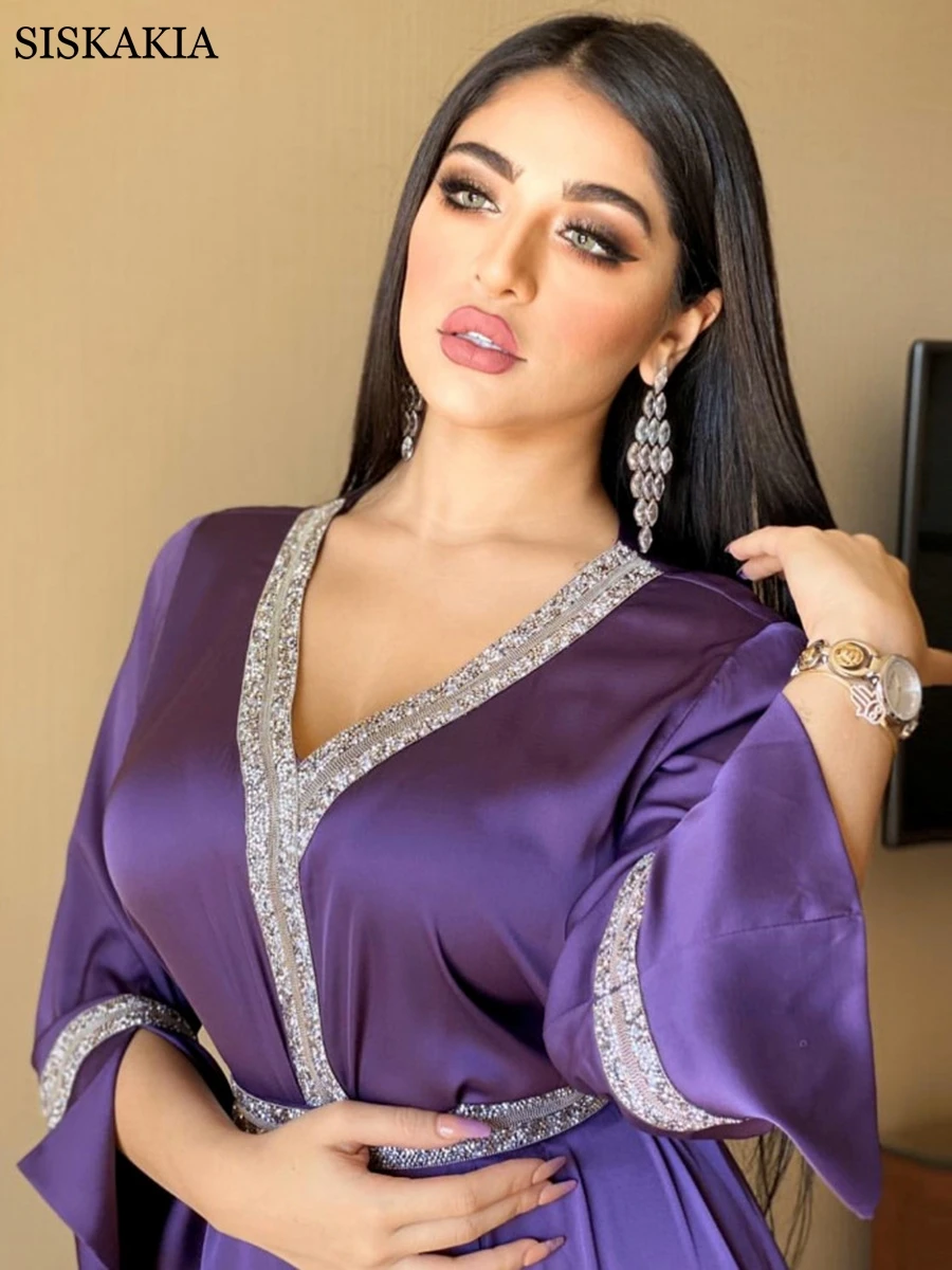 Siskakia Satin Maxi Dress For Women Turkey Arabic Diamond V Neck Long Sleeve Jalabiya Muslim Islamic Ethnic Abaya Query Fall New