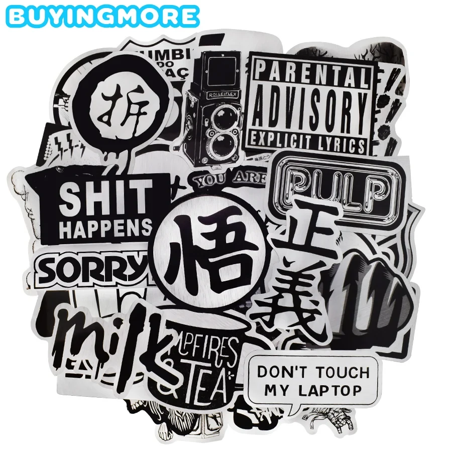 50 PCS Metallic Style Black and White Sticker JDM Punk Graffiti Cool Stickers Toys for DIY Skateboard Laptop Waterproof Stickers