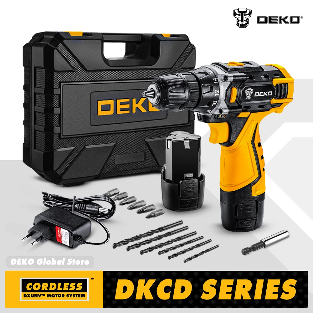 DEKO 12V/16V/20V Electric Screwdriver with Lithium Battery Cordless Drill 18+1 Settings Power Tools for Woodworking Torque