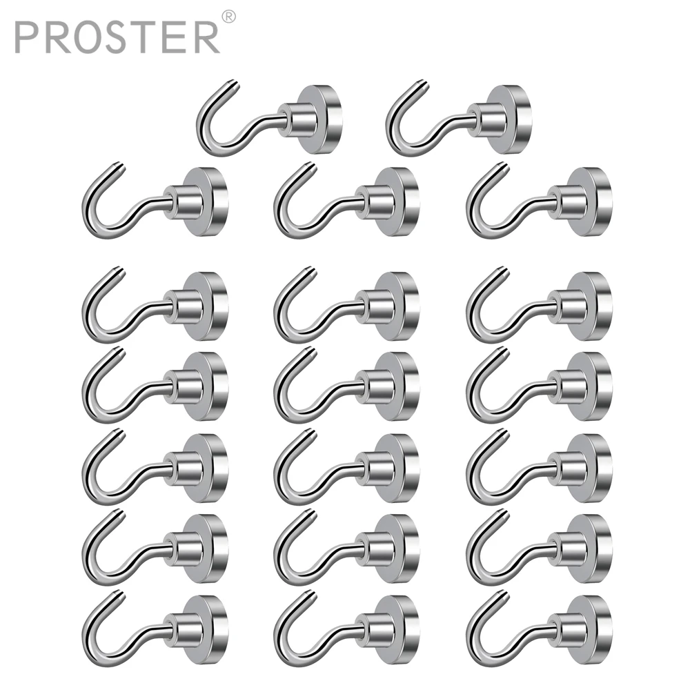 PROSTER 20 Pcs Magnetic Hooks Power Magnet Hook Holder Neodymium Rare Earth Strong Magnet Hardware Hooks Set for Hanging 5.5kg