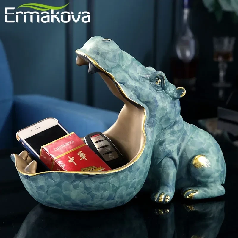 ERMAKOVA Resin Hippo Statue Hippopotamus Sculpture Figurine Key Candy Container Decoration Home Table Decoration Accessories