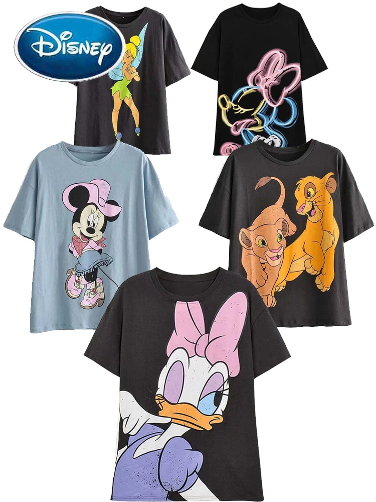 Disney T-Shirt Mickey Mouse Daisy Duck Cartoon Print Women Cotton T-Shirt Short Sleeve Streetwear O-Neck Pullover Loose Tee Tops