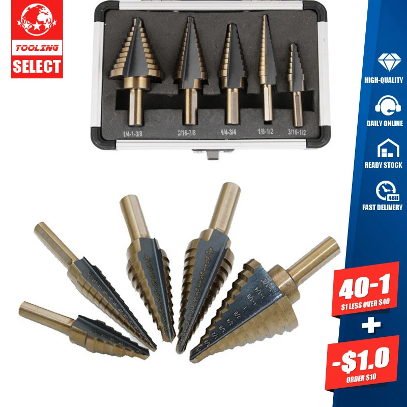 High Quality 5PCS 50 Sizes HSS Cobalt Multiple Hole Step Cone Drill Bit Set Tools Drill Bits With Aluminum Case