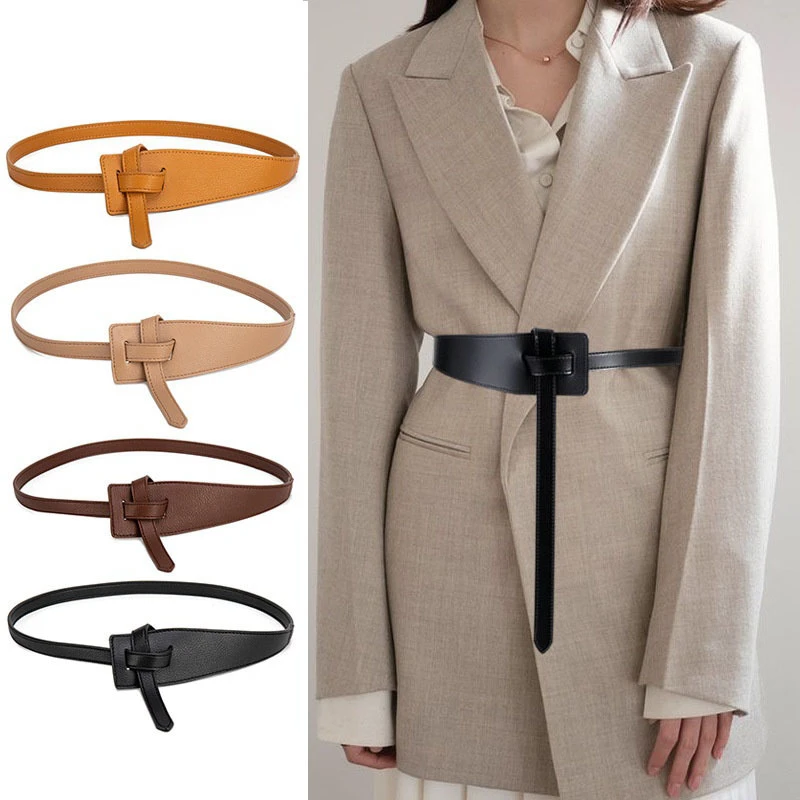 Knot Pu Leather Belts for Women Soft Knotted Strap Belt Long Dress Accessories Lady Waistbands