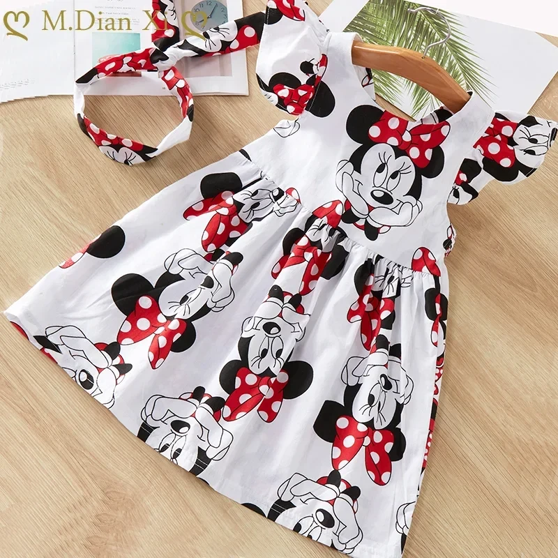 Baby Girl Clothes Summer Dress Flying Sleeve Newborn Baby Dress Cotton Minnie Dress + Baby Girl Headband Toddler Dress