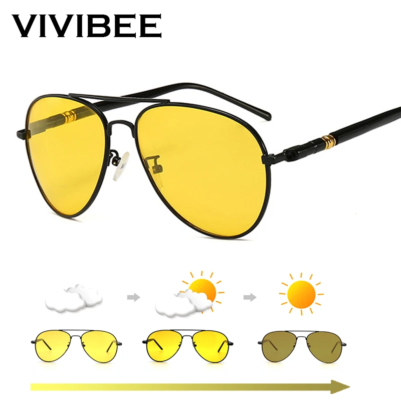 VIVIBEE Color Change Sunglasses Men Pilot Driving Photochromic Yellow Polarized Women Sun Glasses Aviation Day and Night Vision