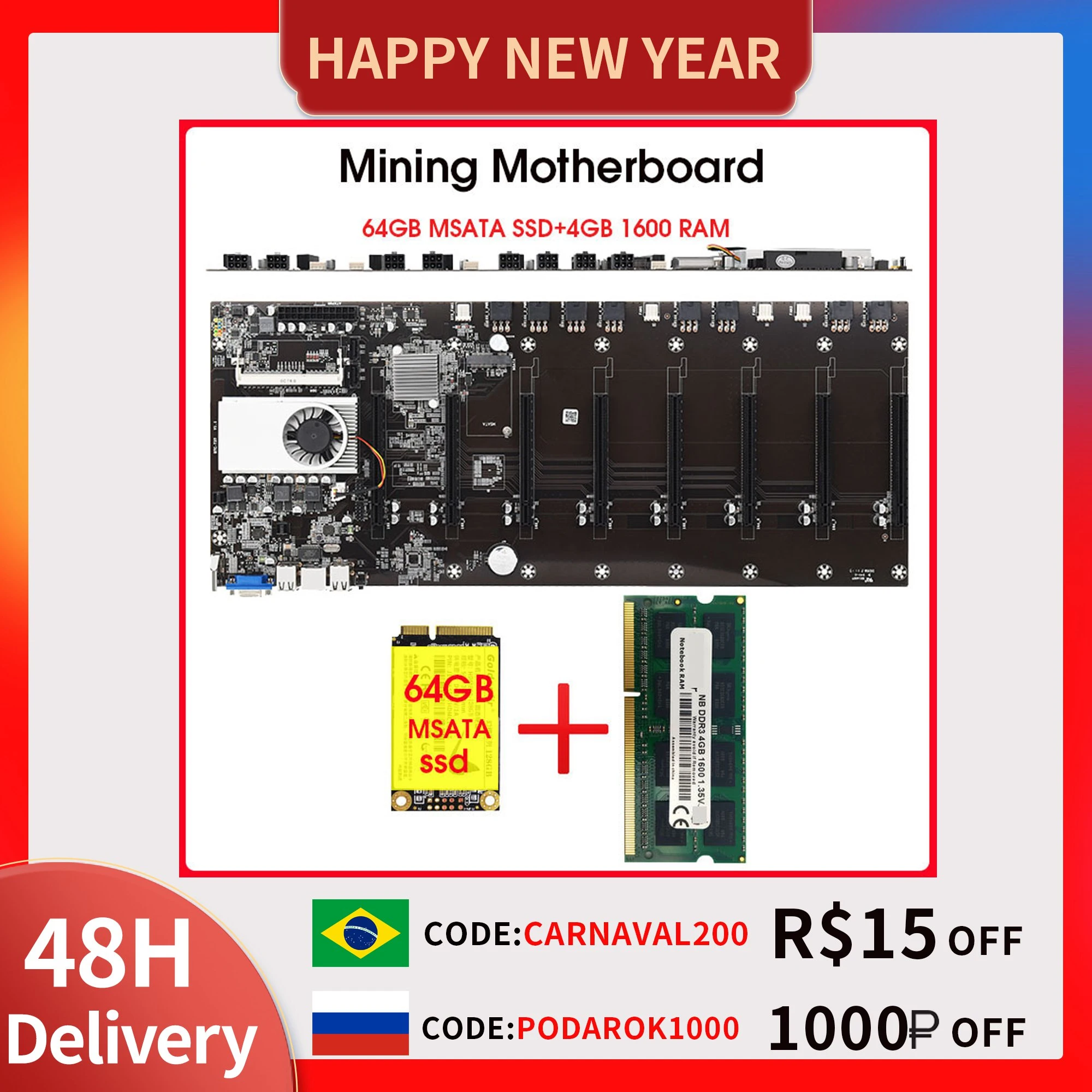 Riserless mining motherboard 8 GPU Bitcoin Crypto Etherum Mining  with 64GB MSATA SSD  DDR3 4GB 1600MHZ RAM SET