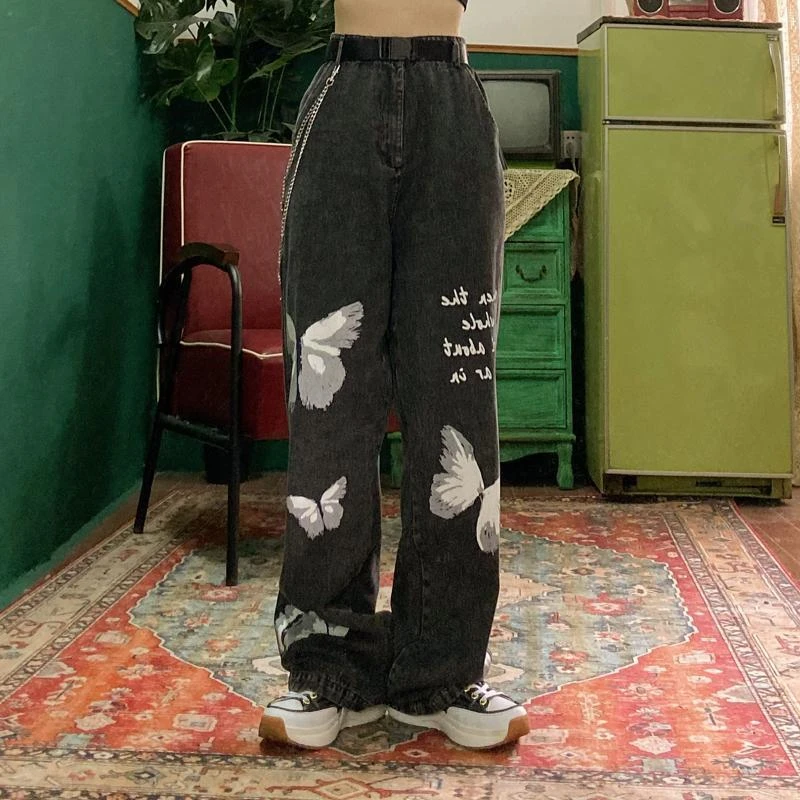 Favour Vintage Jeans 2021 Fashion Y2k Aesthetic Print Woman Jeans Loose Streetwear Casual High Waist Wide Leg Pants Women